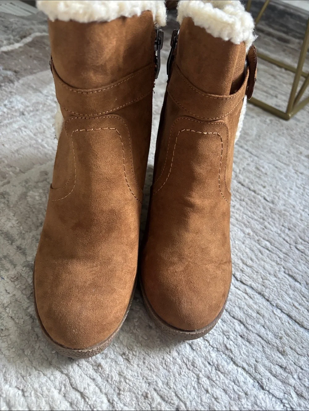 Liz Claiborne Brown Faux Suede Wedge Booties with Cream Shearling
